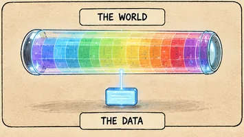A rainbow tube labelled THE WORLD above a plain blue tag labelled THE DATA, joined by one fine thread of light.