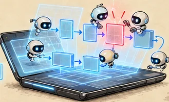 A folding glass console projecting a pipeline of boxes, with small agents crowding round the one box glowing red.