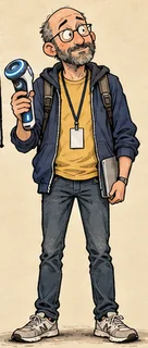 Martin F., the computer scientist: bald with a short grey beard and glasses, a mustard T-shirt under a navy hoodie, a handheld engineering tool in one hand.