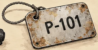 A stamped metal equipment tag on a loop of wire, reading P-101.