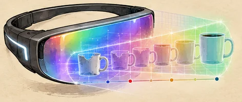 Futuristic goggles projecting an object’s history as a tube through spacetime.