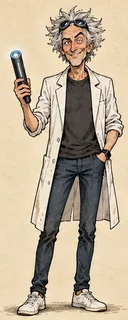 Richard F., the 4D ontologist: tall and lanky, wild grey hair, open white lab coat, spacetime goggles pushed up into his hair, a slim handheld device in one hand.